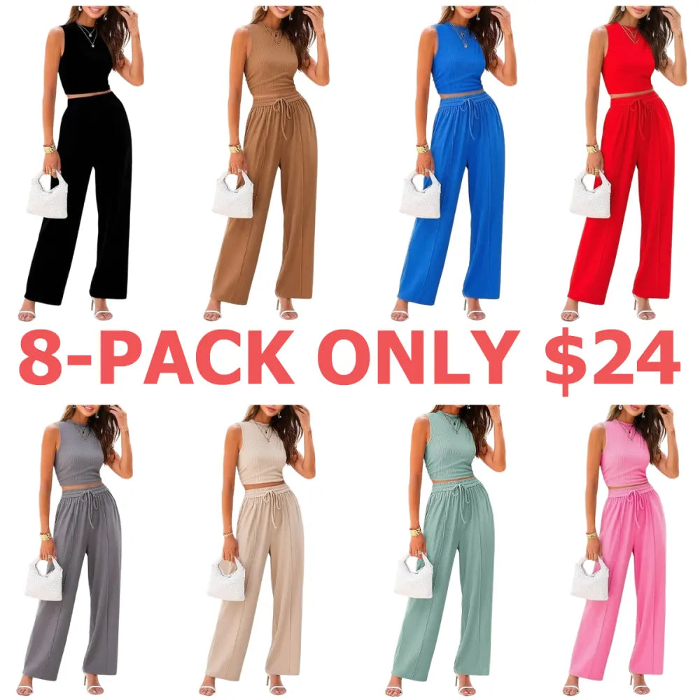 Women's Summer 2-Piece Outfits - Ribbed Knit Crew Neck Sleeveless Cropped Top & Wide Leg Pants Lounge Set