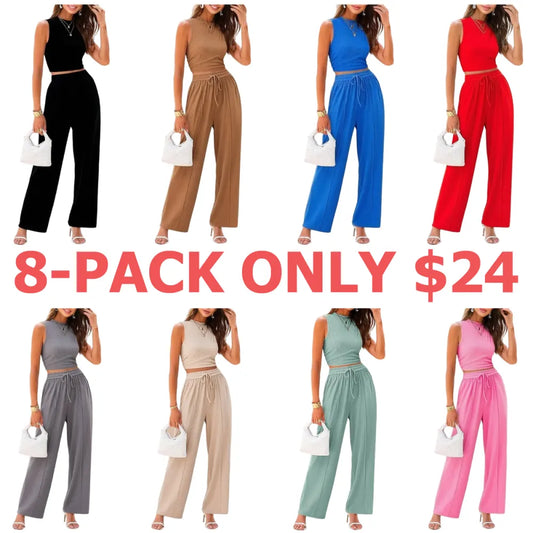 Women's Summer 2-Piece Outfits - Ribbed Knit Crew Neck Sleeveless Cropped Top & Wide Leg Pants Lounge Set