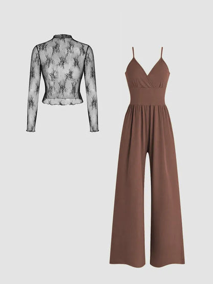 🎉Hot selling items-Women's solid color lace t-shirt and pocket jumpsuit two-piece set