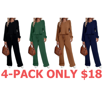Women's two-piece set long sleeved pullover top with pockets wide leg pants casual set Pajama Loungewear Nightwear