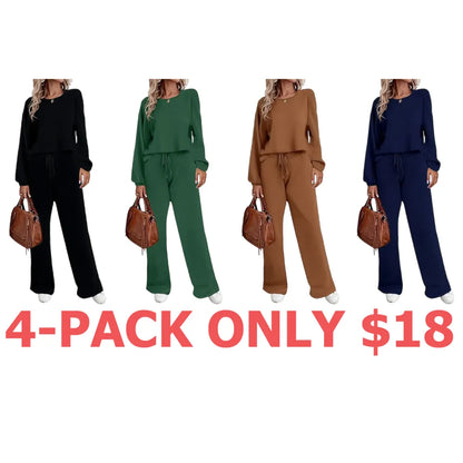 Women's two-piece set long sleeved pullover top with pockets wide leg pants casual set Pajama Loungewear Nightwear