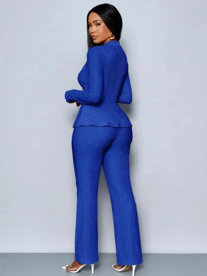 Women's Solid-Color Elegant V-Neck Long-Sleeve and Wide-Leg Pants Set
