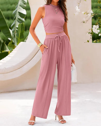 Women Summer 2 Piece Outfits Ribbed Knit Cropped Top Elastic Waist Wide Leg Pants Lounge Set