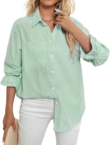 Women's Striped Button Down Shirts Smocked Cuffed Boyfriend Shirt Long Sleeve Blouse Top with 3 Pockets