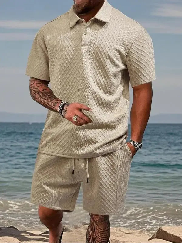 Men's Solid Polo & Drawstring Shorts Set Cozy, Breathable for Daily/Beach, Summer Casual