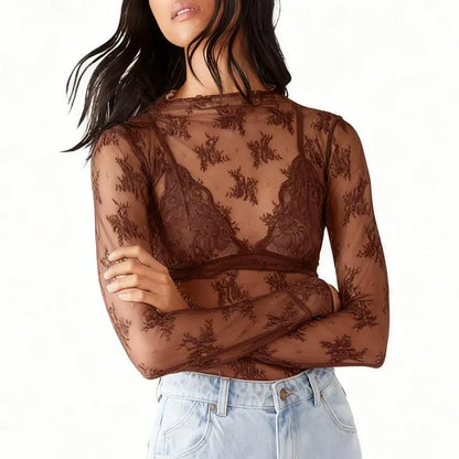 Women's Lace Blouse, Mesh Long-Sleeve Floral Lace Shirt