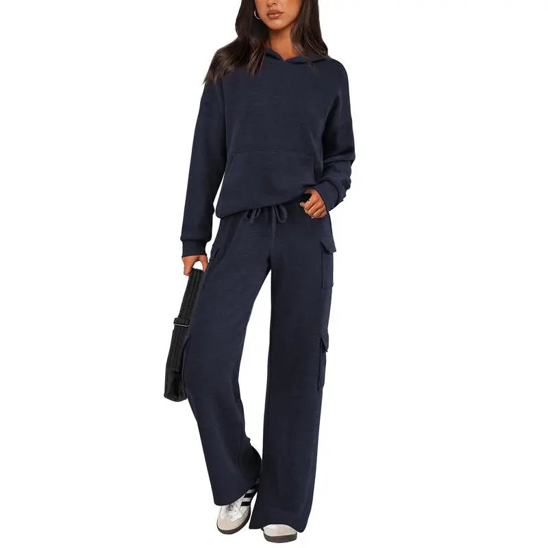 Womens Fall Outfit 2-Piece Knitted Sets Hoodie Tracksuits Wide Leg Pants With Pocket And DrawString Long Sleeve Hooded Kangoroo Pocket Tops Knitwear Sporty Loungwear, Womenswear Travel Outfit