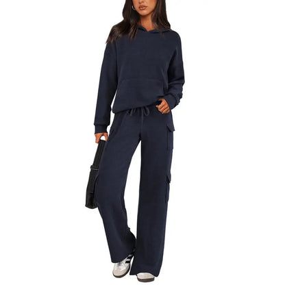 Womens Fall Outfit 2-Piece Knitted Sets Hoodie Tracksuits Wide Leg Pants With Pocket And DrawString Long Sleeve Hooded Kangoroo Pocket Tops Knitwear Sporty Loungwear, Womenswear Travel Outfit
