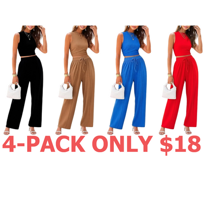 Women's Summer 2-Piece Outfits - Ribbed Knit Crew Neck Sleeveless Cropped Top & Wide Leg Pants Lounge Set