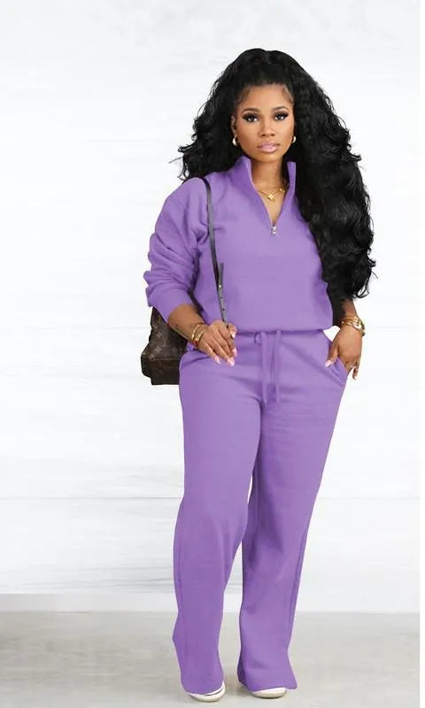 Two-piece Set Women's Solid Zip Up Funnel Neck Sweatshirt & Drawstring Waist Pants