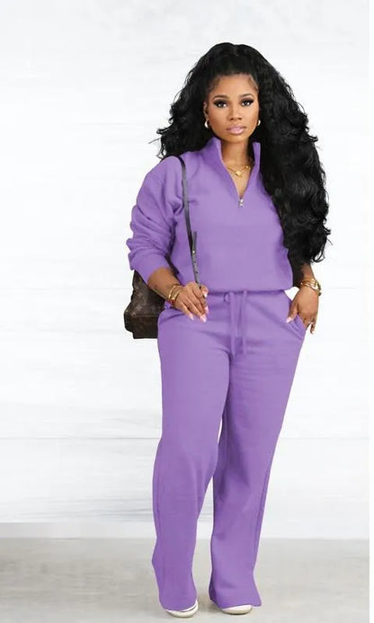 Two-piece Set Women's Solid Zip Up Funnel Neck Sweatshirt & Drawstring Waist Pants