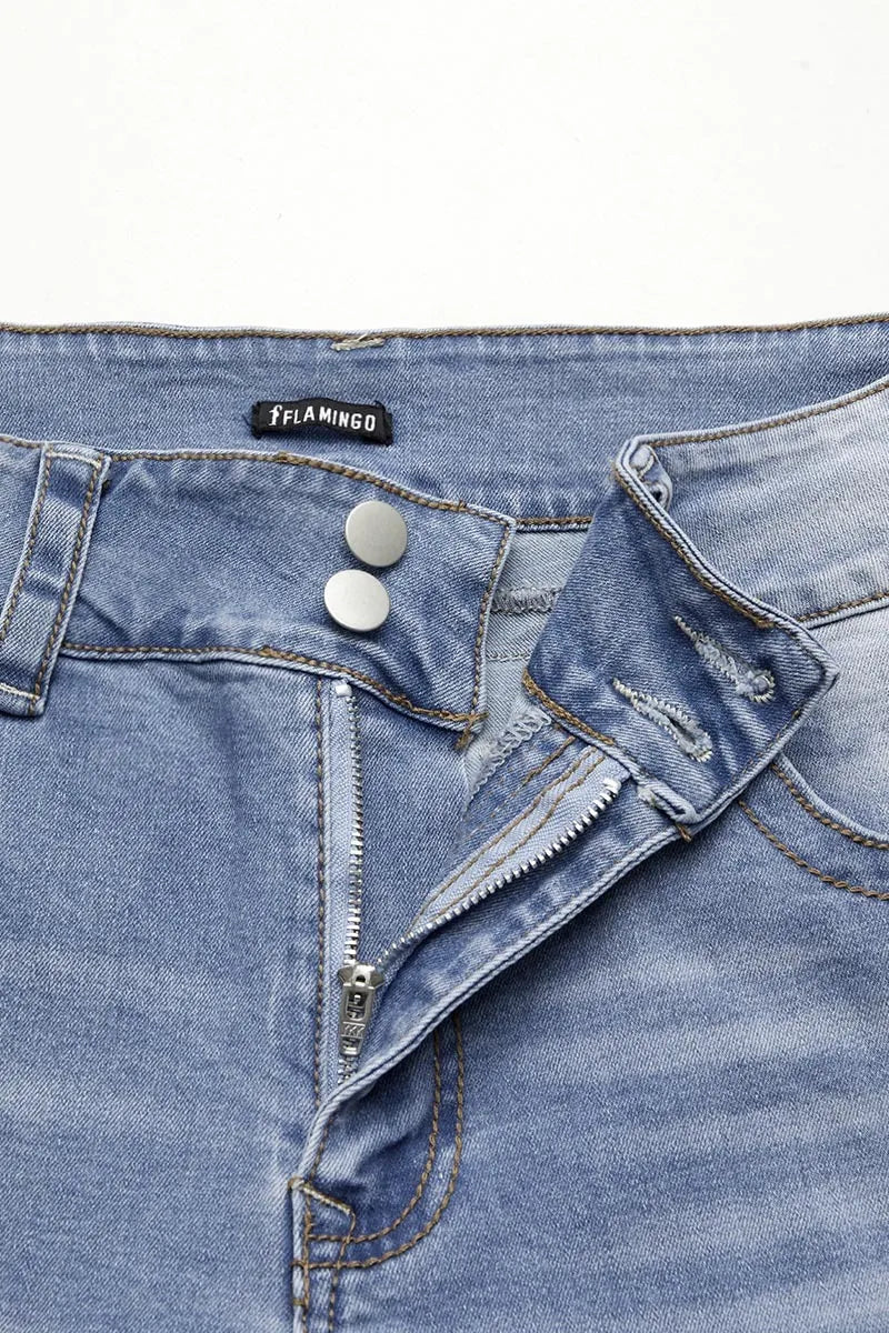 Double Button Mid Waist Straight Leg Jeans