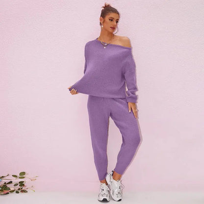 Women's 2025 Fall Winter Knit Set Oversized Sweater & Lounge Pants Matching Sets for Women Striped Knit Basic Black Fitted Long Sleeve Shirts & Blouses