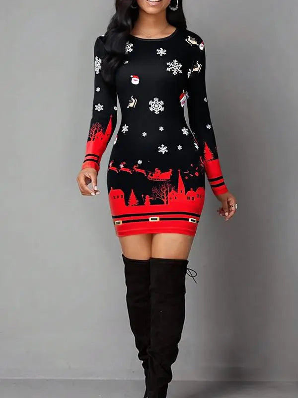 Women's Vintage Geometric Print Casual Long Sleeve Dress
