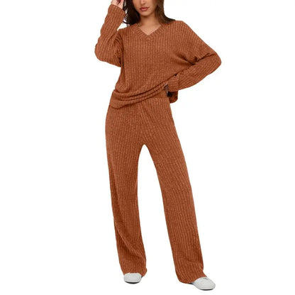 Women's 2 Piece Lounge Sets Ribbed Knit Long Sleeve V Neck Pullover Tops Wide Leg Pants Fall Winter Outfits