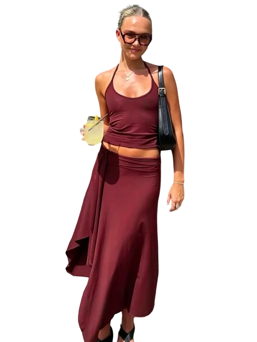 Solid-Color Sleeveless Backless Tie-Strap Camisole and Slim-Fit Side-Slit Maxi Skirt Two-Piece Set