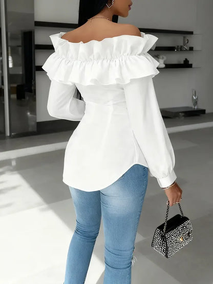 Women's Long Sleeve One Shoulder Ruffle Slim Fit Shirt Blouse