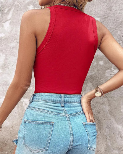 O-Neck Knit Sleeveless Basic Slim Fit Tummy Control Tank Casual Top(Without Pads)