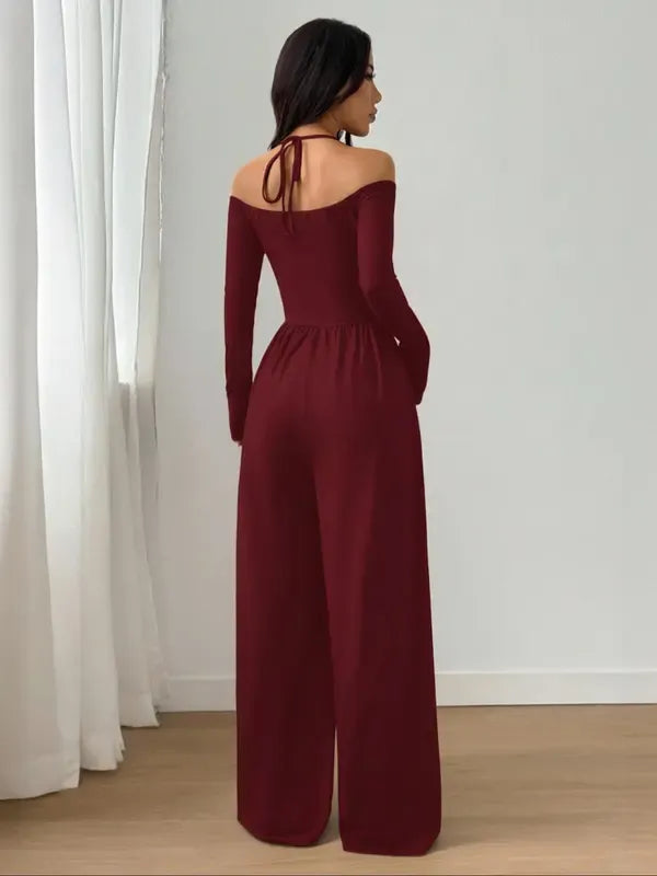 Women's Solid Color Off-Shoulder Ruched Wide Leg Casual Jumpsuit