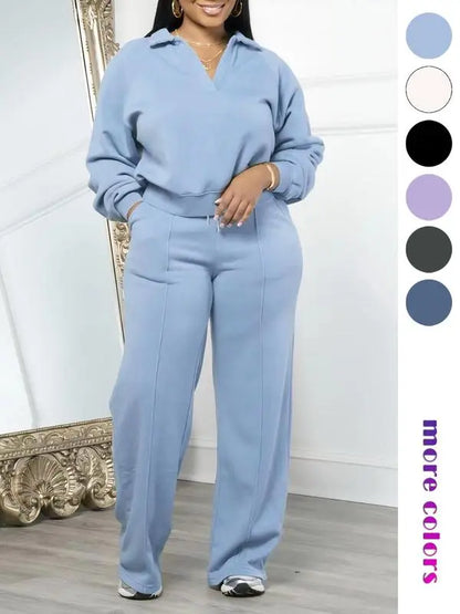 Women's Solid Long Sleeve Sweatshirt & Drawstring Waist Pants Set, Casual Fashion