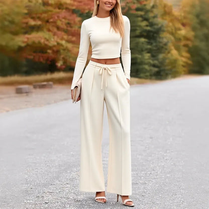 2-Piece Ribbed Knit Long Sleeve Crop Top Wide Leg Pants Matching Lounge Set Loungewear