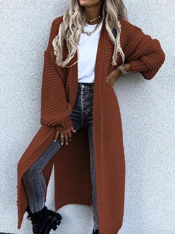 Women's Solid Split Hem Bishop Sleeve Open Front Longline Cardigan, Knit Clothing for Daily Wear, Womenswear