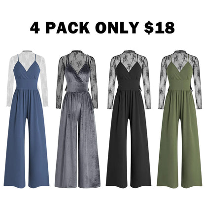 Women's Knitted Lace Tee & High Waist Pocket Jumpsuit Two-piece Set