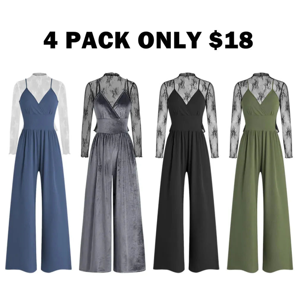 Women's Knitted Lace Tee & High Waist Pocket Jumpsuit Two-piece Set