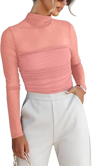 Women’s Long Sleeve Sheer Mesh Ruched Going Out Bodysuits Tops