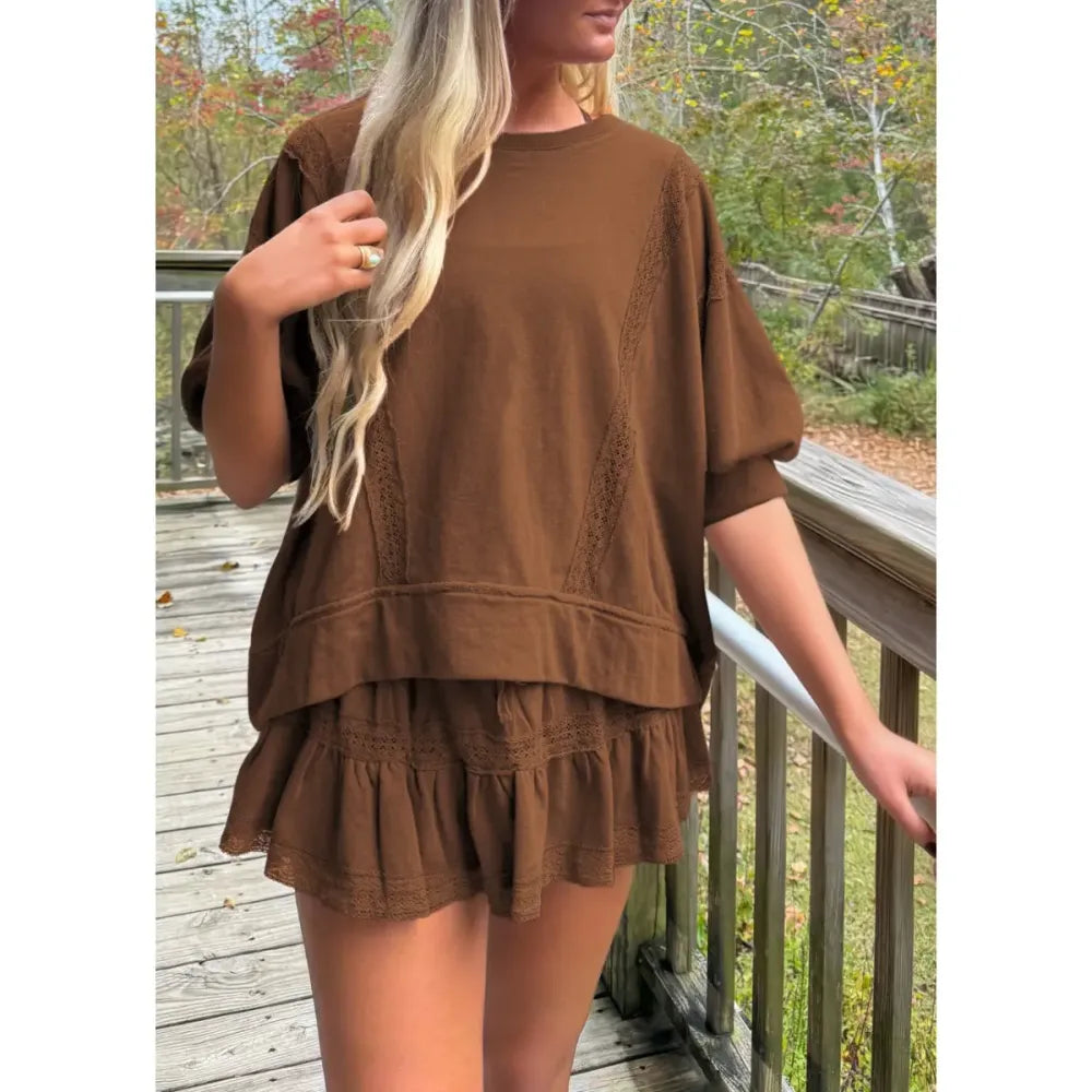 Women's 2 Piece Cotton Lace Trim Outfit Set