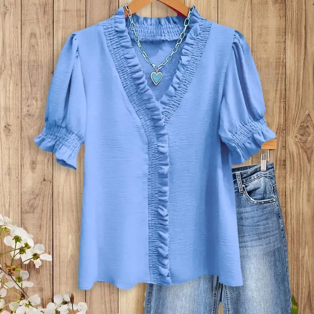 Ruffle Trim V - Neck Blouse