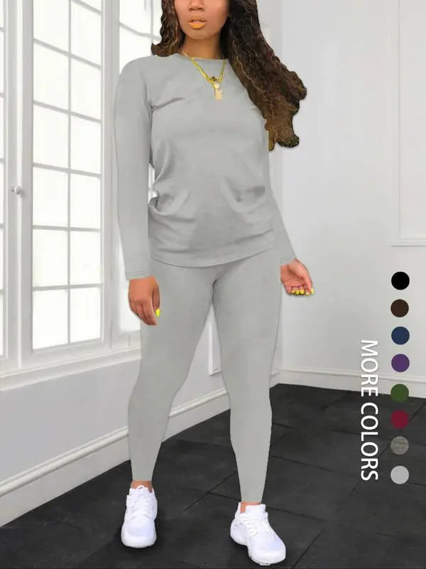 Women's Minimalist Chic Solid Long Sleeve & Elastic Waist Pants Set