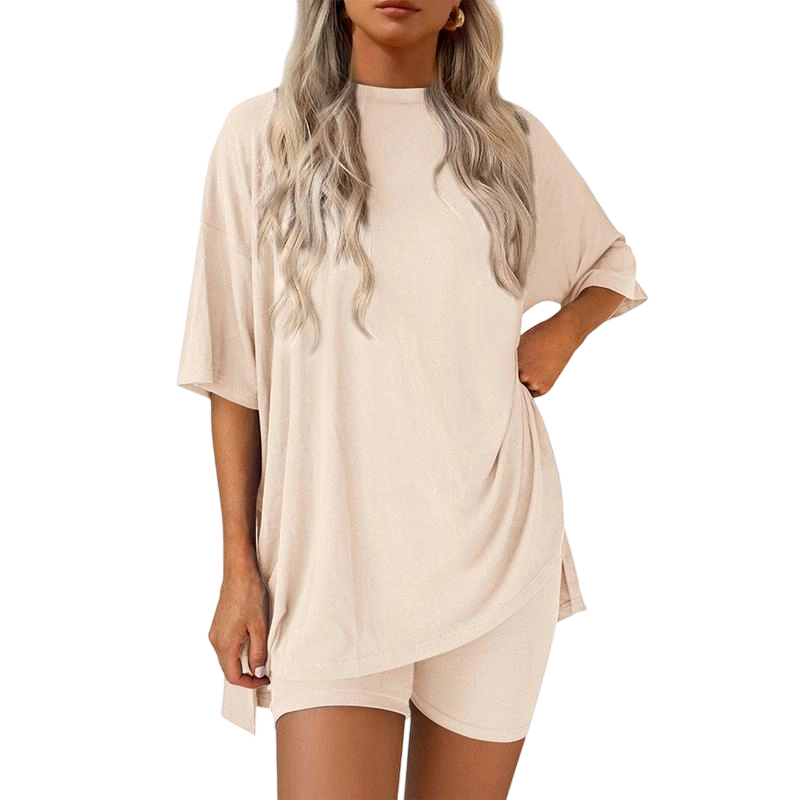 Women's Casual Oversized Crewneck Split Hem Shirts & Side Pocket Shorts Set