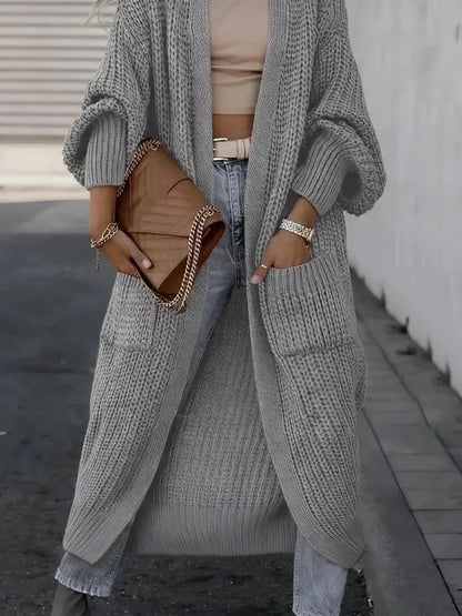 Women's Solid Drop Shoulder Long Cardigan, Casual Pocket Long Sleeve Cardigan,Sweaters for Women