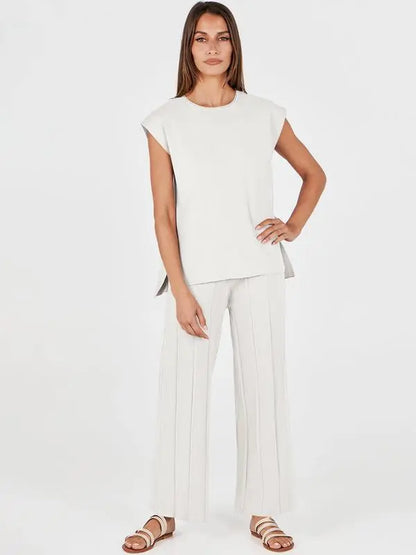 Summer 2 Piece Sets Women Vacation Basic Crewneck Wide Leg Lounge Outfits Sleeveless Outdoor Matching Sets Casual Comfort Plus size sets Minimalist Suits