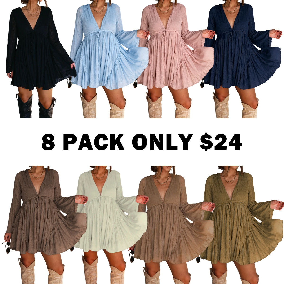 Women's V Neck Long Sleeve Dress with Pants Lining