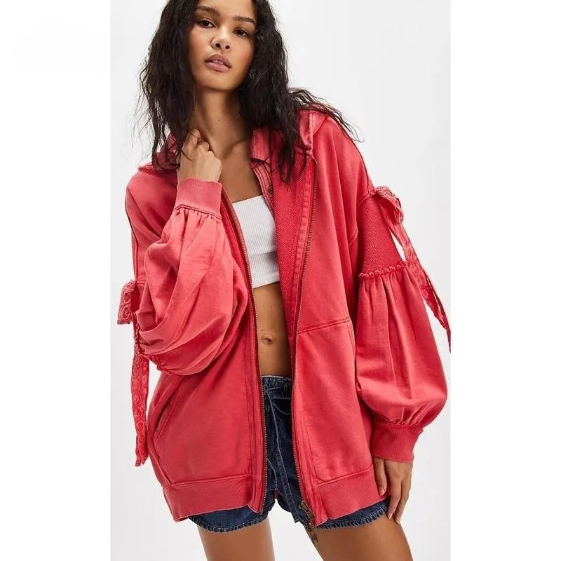 Women's Fall/Winter Zip Up Hoodies with Pockets Stylish Solid Bow Tie Long Sleeve Sweatshirt Jackets