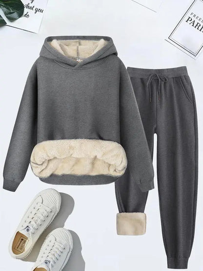 Women's Thermal Lined Solid Color Hoodie & Drawstring Waist Pants Two-piece Set