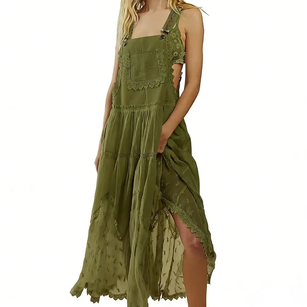 Women's Basic Minimalist Sleeveless Laced Embroidered Tulle Bib Dress