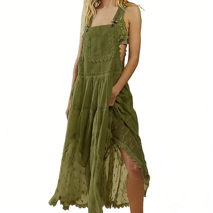 Women's Basic Minimalist Sleeveless Laced Embroidered Tulle Bib Dress