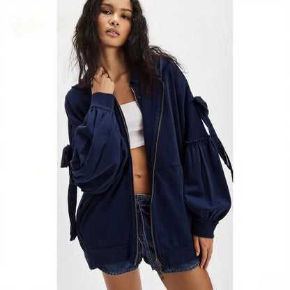 Women's Fall/Winter Zip Up Hoodies with Pockets Stylish Solid Bow Tie Long Sleeve Sweatshirt Jackets