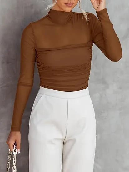 Women’s Long Sleeve Sheer Mesh Ruched Going Out Bodysuits Tops