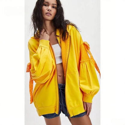 Women's Fall/Winter Zip Up Hoodies with Pockets Stylish Solid Bow Tie Long Sleeve Sweatshirt Jackets