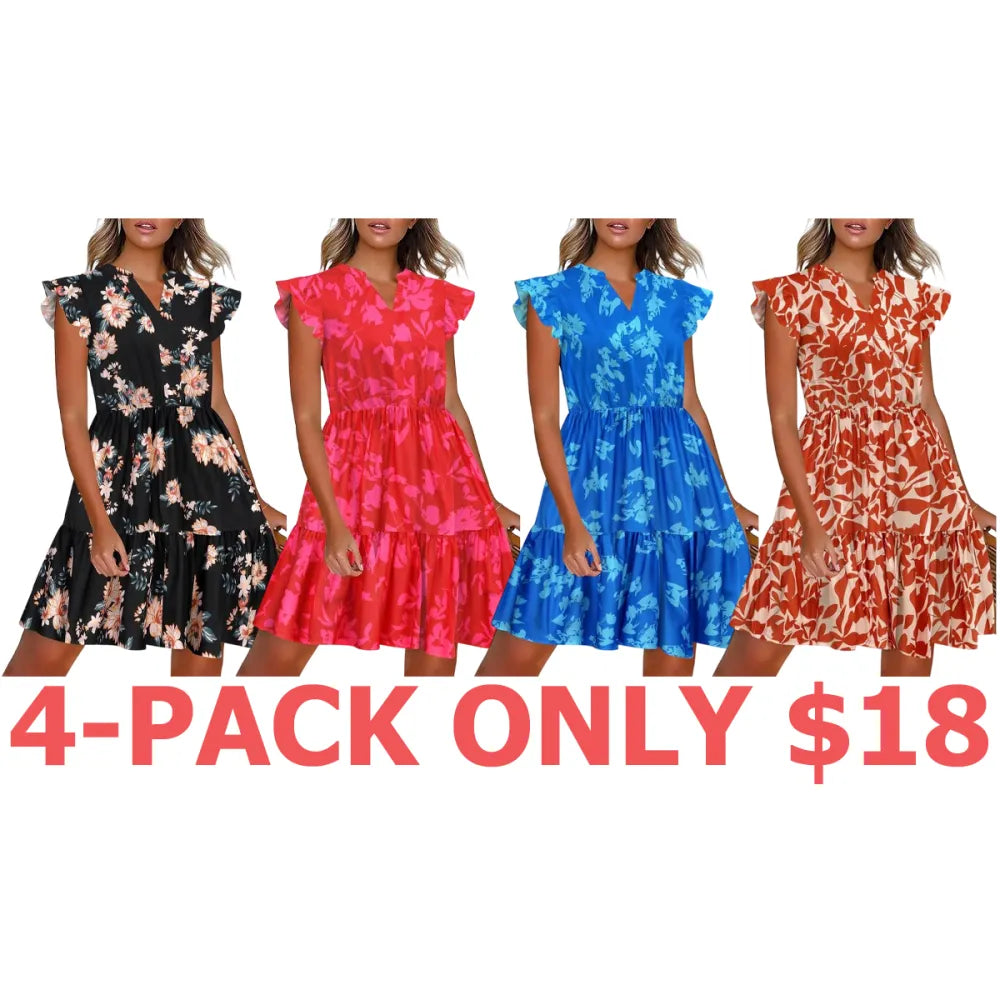 Women's Floral Printed Ruffle Sleeve Tiered Mini Dress