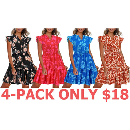 Women's Floral Printed Ruffle Sleeve Tiered Mini Dress