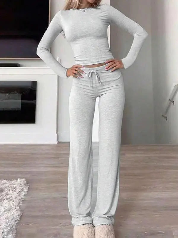 Women's Solid Long Sleeve Crop Top & Drawstring Waist Straight Leg Pants Loungewear Set