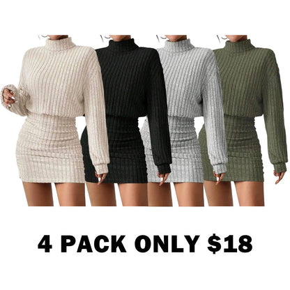 Women's Plain Drop Shoulder Turtleneck Ribbed Dress