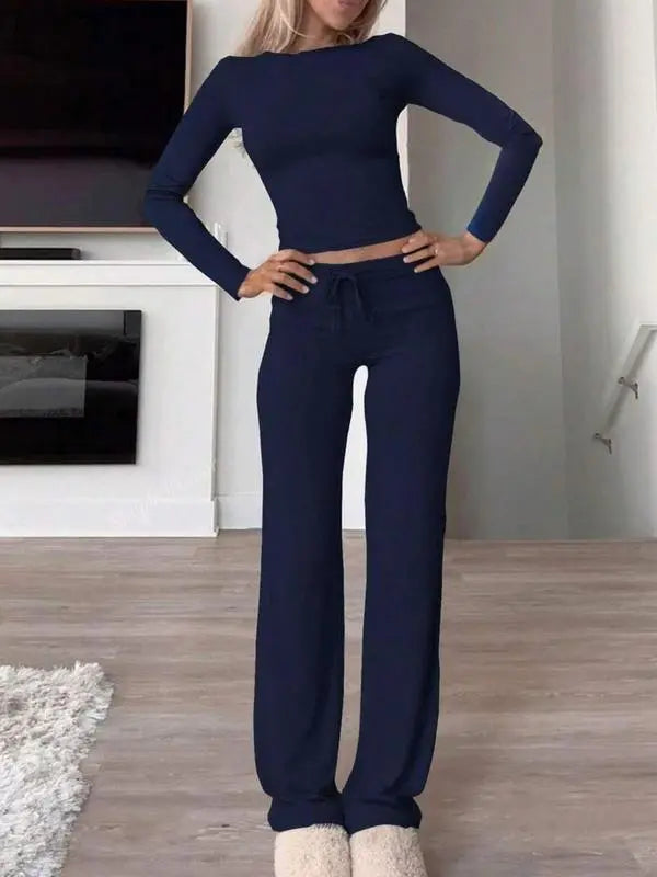 Women's Solid Long Sleeve Crop Top & Drawstring Waist Straight Leg Pants Loungewear Set