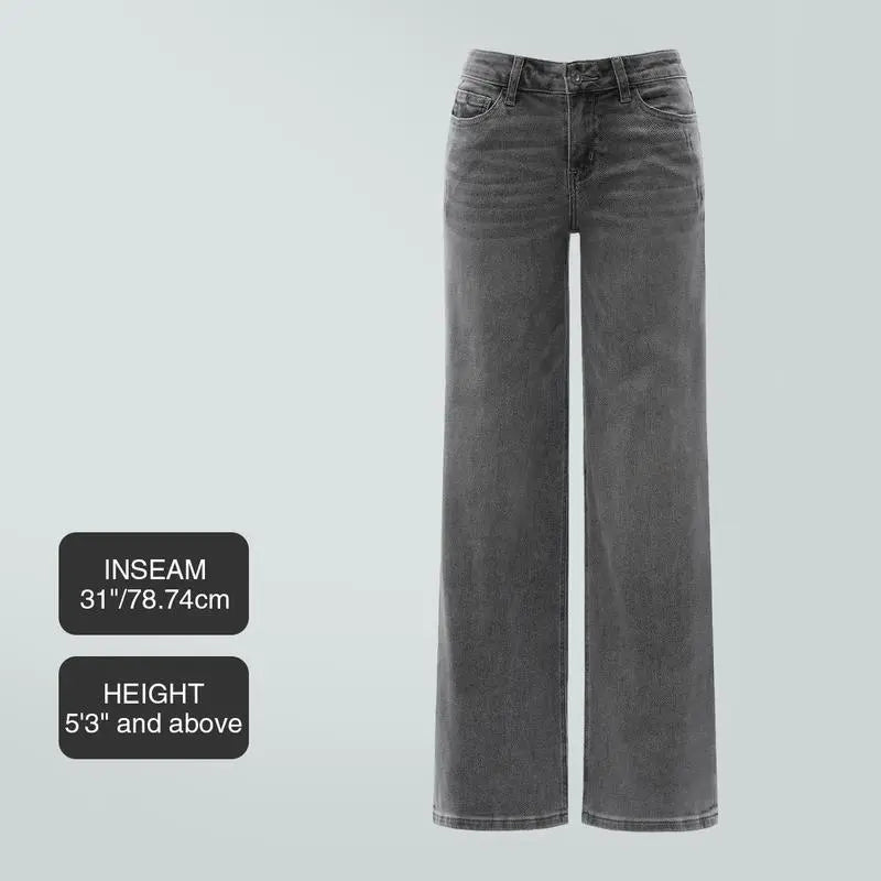 Mid-low Rise Baggy Jeans Stretchy Wide Leg for Women Distressed Pants Womenswear Bottom Lady Basic Minimalist Comfortable Denim Tummy Control Curve Hugging Plus Size Regular Size BBL