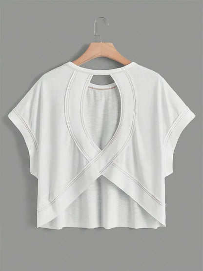 Women's Plain Cut Out Asymmetrical Hem Batwing Sleeve Tee, Elegant Casual Short Sleeve Round Neck T-Shirt for Summer, Ladies Clothes for Daily Wear
